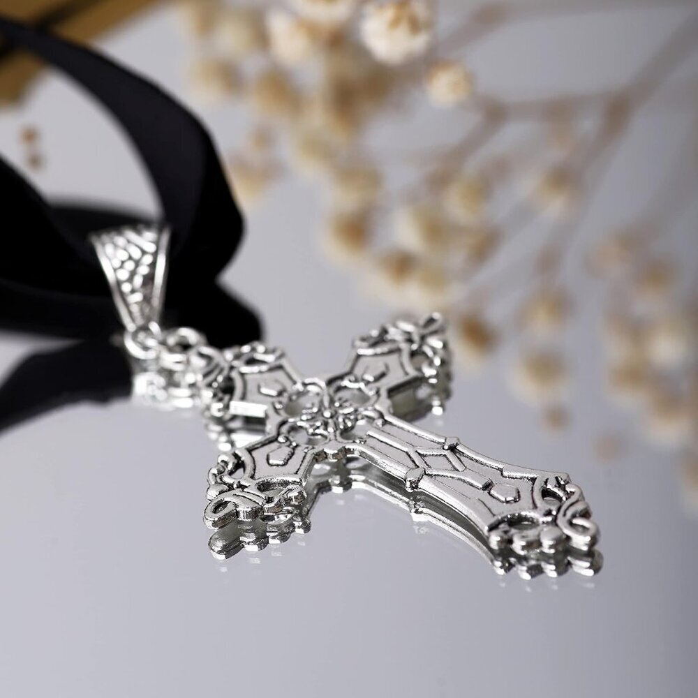 Gothic Cross Necklace Zinc Alloy Black Pendant Choker Jewelry Gift for Women - Picture 4 of 7